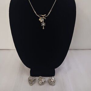 Silver Tone Necklace, Earrings and Brooch Set